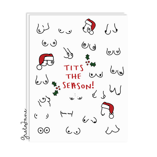 This image features a cheeky and humorous Christmas greeting card titled "Tits the Season!" by Greta Jane Paper Co. The card displays a playful and artistic design, illustrating a series of stylized, cartoon-like breasts adorned with festive Santa hats, in a variety of colors and poses.