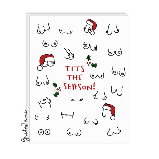 This image features a cheeky and humorous Christmas greeting card titled 